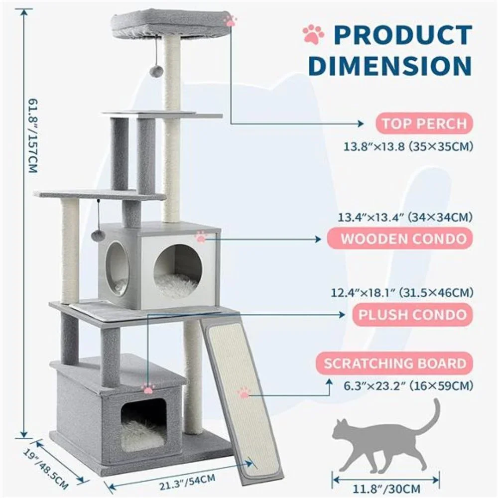 Modern Cat Tower, Wood Cat Tree with Scratch Post and Top Perch Bed, 20 Lbs